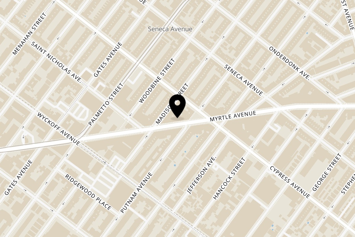 Map showing the location of Cantina 33 on 55-33 Myrtle Ave in Ridgewood